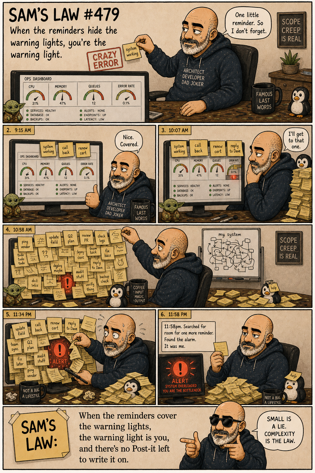 Sam's Law #479: Dashboard Full Of Post-its