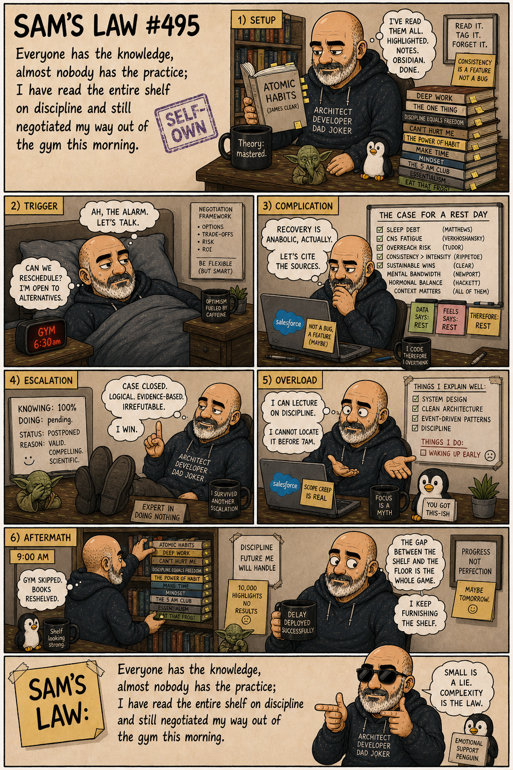 Sam's Law #495: Read the whole shelf, skipped the gym