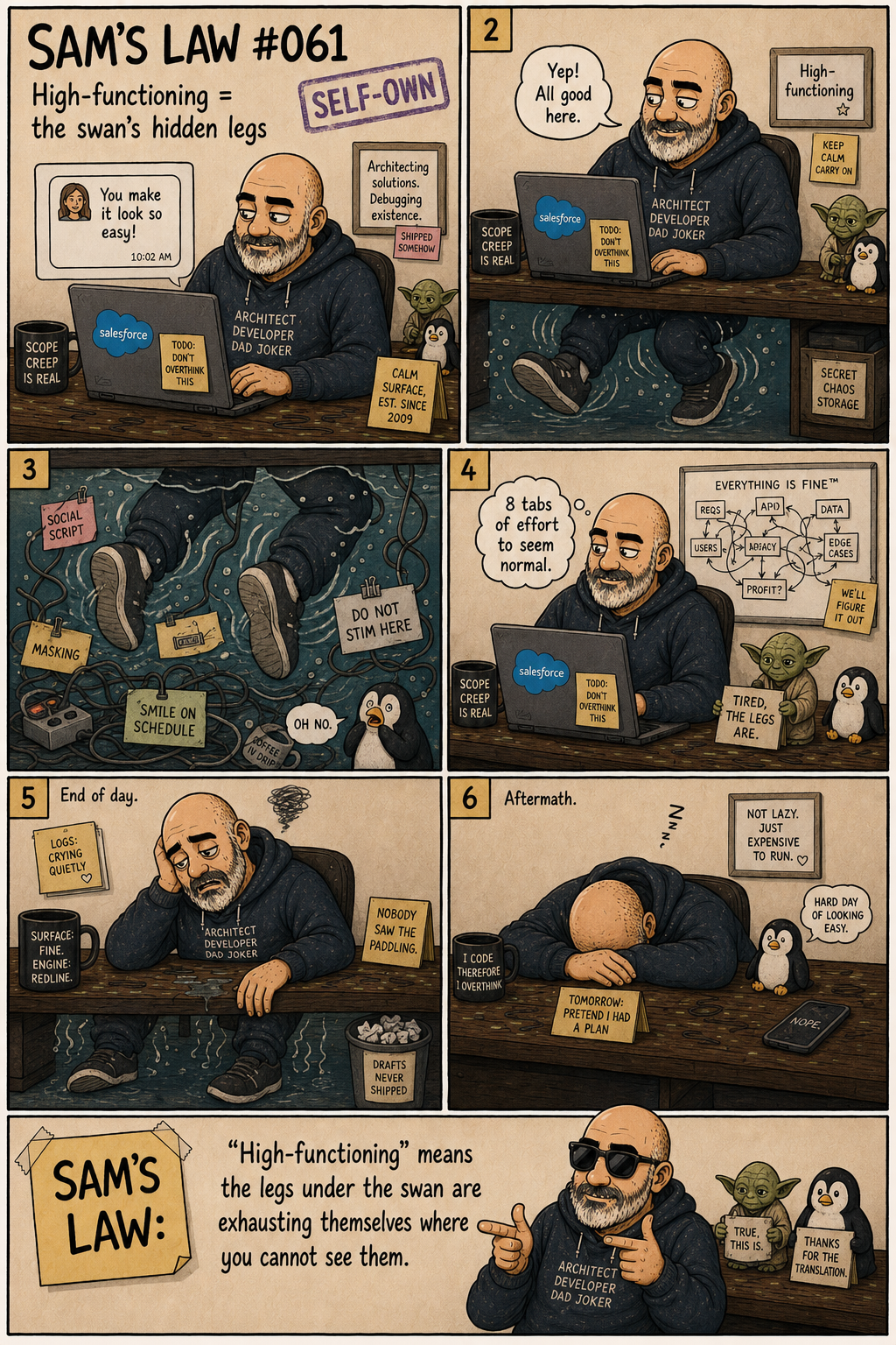 Sam's Law #061: High-functioning = the swan's hidden legs