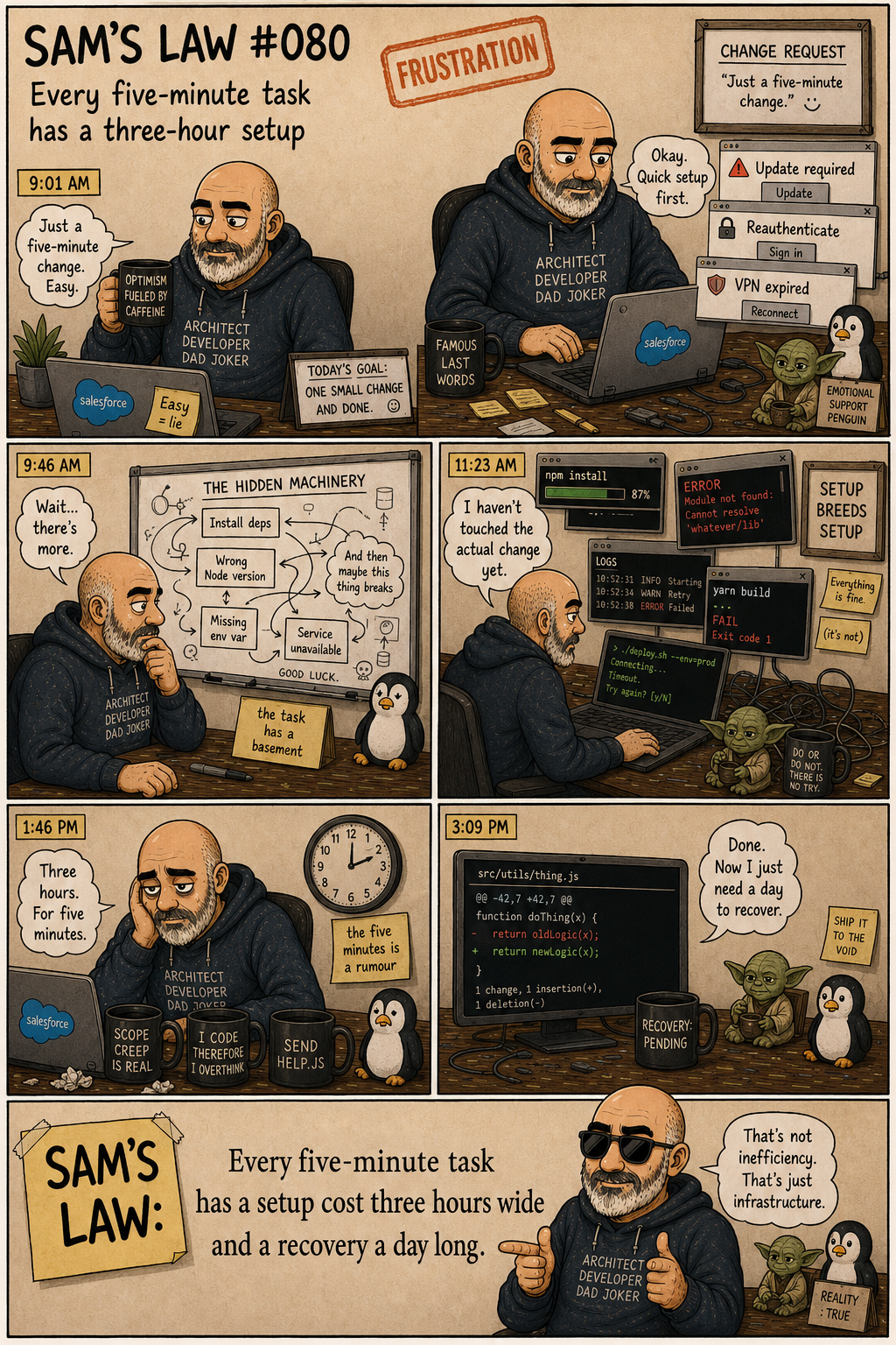 Sam's Law #080: Every five-minute task has a three-hour setup