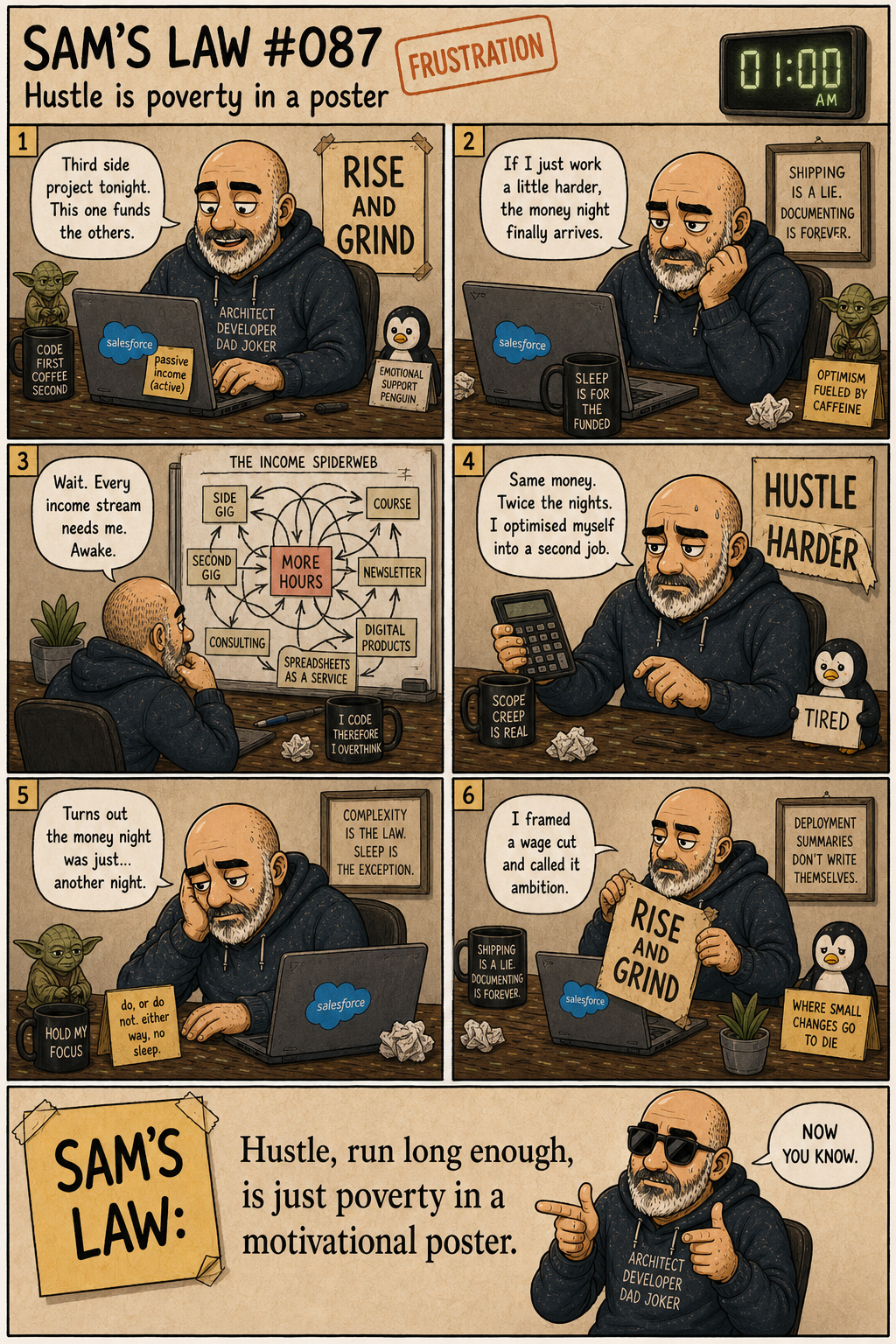 Sam's Law #087: Hustle is poverty in a poster