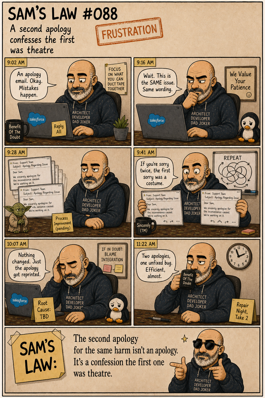 Sam's Law #088: A second apology confesses the first was theatre